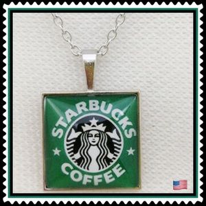 🆕 ✅ GLASS CABOCHON CHAIN NECKLACE. COFFEE LOGO. Starbucks